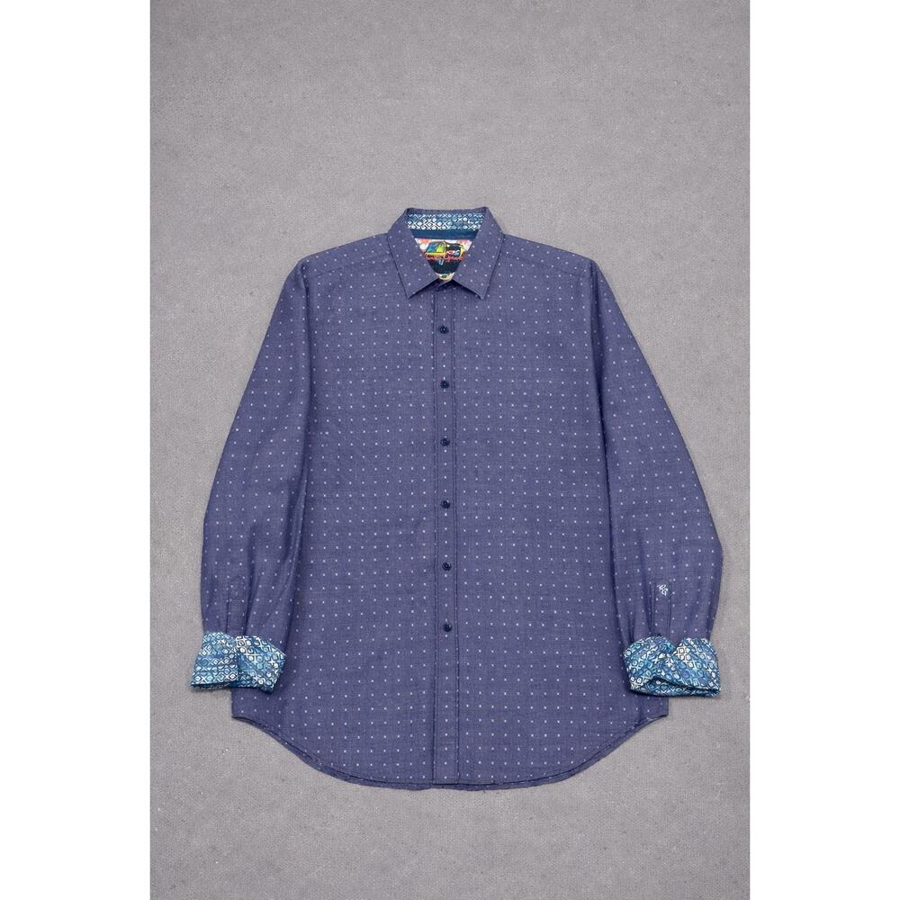 Robert Graham Shirt‎ Blue Polka Dots Geometric Flip Cuff Button Up Size Large